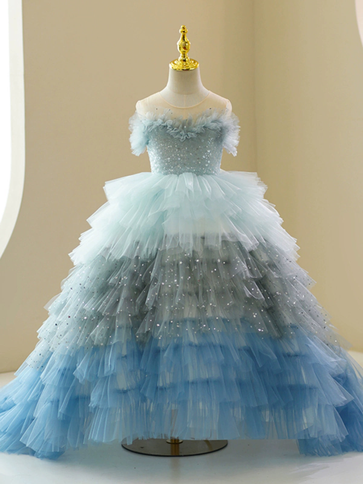 Princess Dusty Blue Tulle Crossed Straps Baptism Cascading Ruffles Floor Length Sleeveless Sweetheart Flower Girl Dress