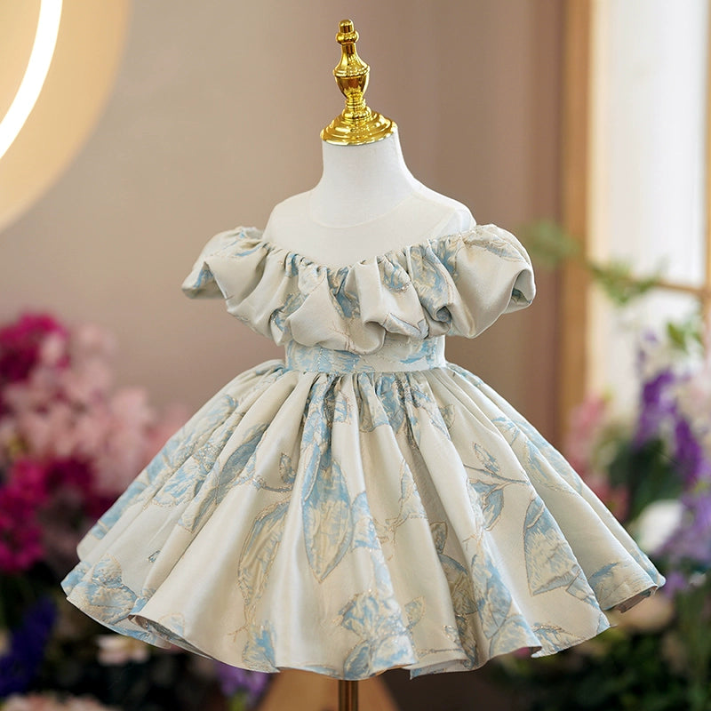 Princess Floral Satin Back Zip Baptism Tea Length Short Sleeve Cold Shoulder Sleeve Off Shoulder Flower Girl Dress