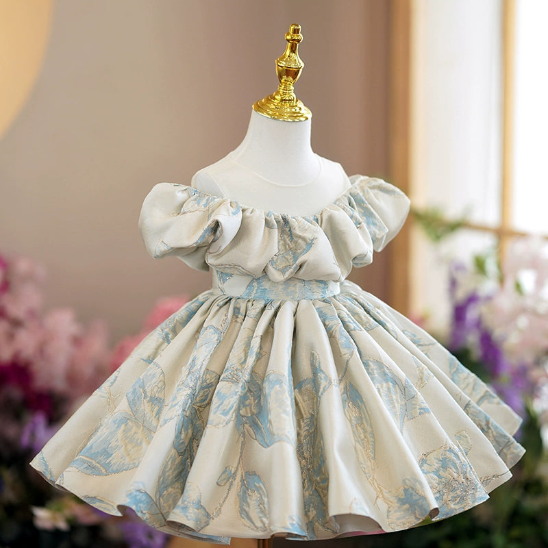 Princess Floral Satin Back Zip Baptism Tea Length Short Sleeve Cold Shoulder Sleeve Off Shoulder Flower Girl Dress