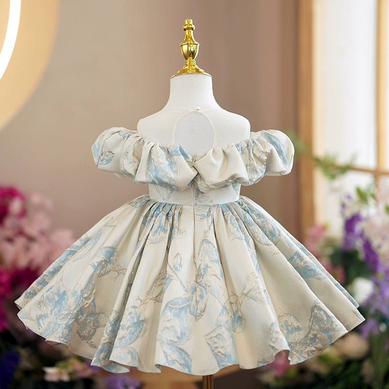 Princess Floral Satin Back Zip Baptism Tea Length Short Sleeve Cold Shoulder Sleeve Off Shoulder Flower Girl Dress