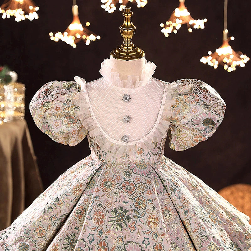 Princess Floral Satin Back Zip Baptism Tea Length Short Sleeve Puff Sleeve Mock Neck Flower Girl Dress