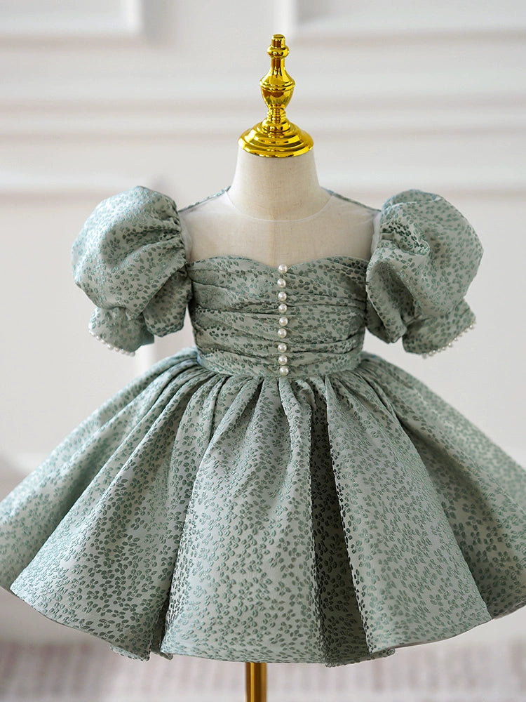 Princess Green Satin Back Zip Baptism Pleated Tea Length Short Sleeve Puff Sleeve Sweetheart Flower Girl Dress