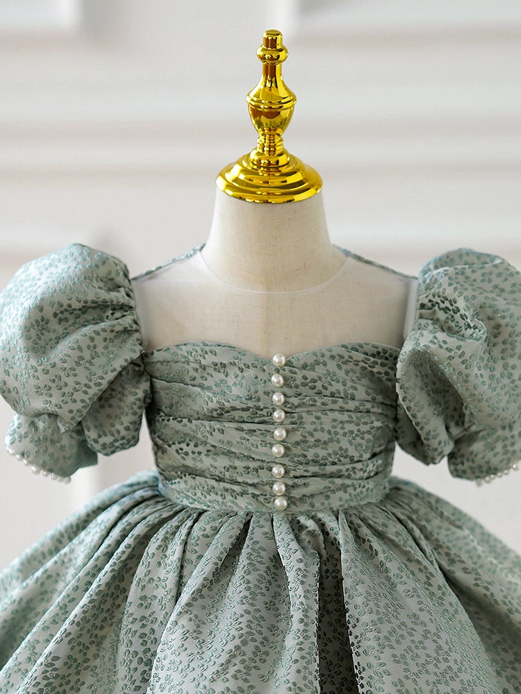 Princess Green Satin Back Zip Baptism Pleated Tea Length Short Sleeve Puff Sleeve Sweetheart Flower Girl Dress