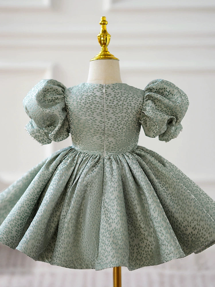 Princess Green Satin Back Zip Baptism Pleated Tea Length Short Sleeve Puff Sleeve Sweetheart Flower Girl Dress