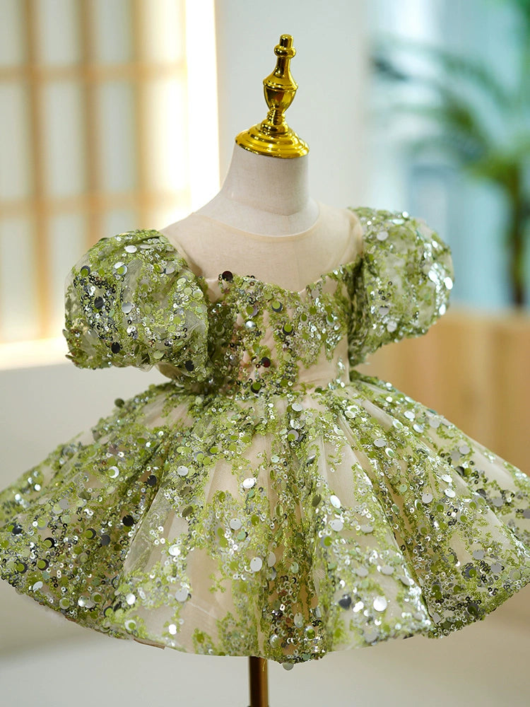 Princess Green Sequined Back Zip Baptism Sequins Tea Length Short Sleeve Puff Sleeve Sweetheart Flower Girl Dress