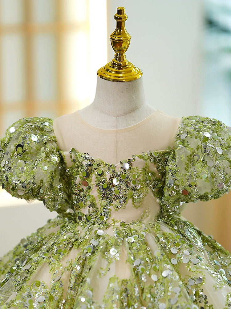 Princess Green Sequined Back Zip Baptism Sequins Tea Length Short Sleeve Puff Sleeve Sweetheart Flower Girl Dress