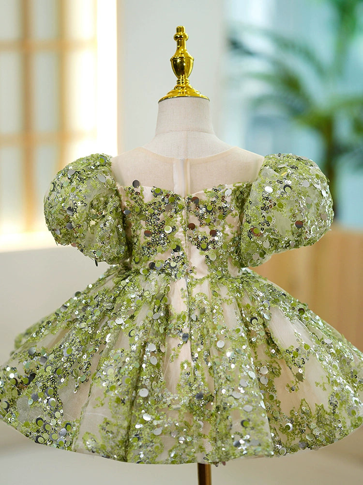 Princess Green Sequined Back Zip Baptism Sequins Tea Length Short Sleeve Puff Sleeve Sweetheart Flower Girl Dress