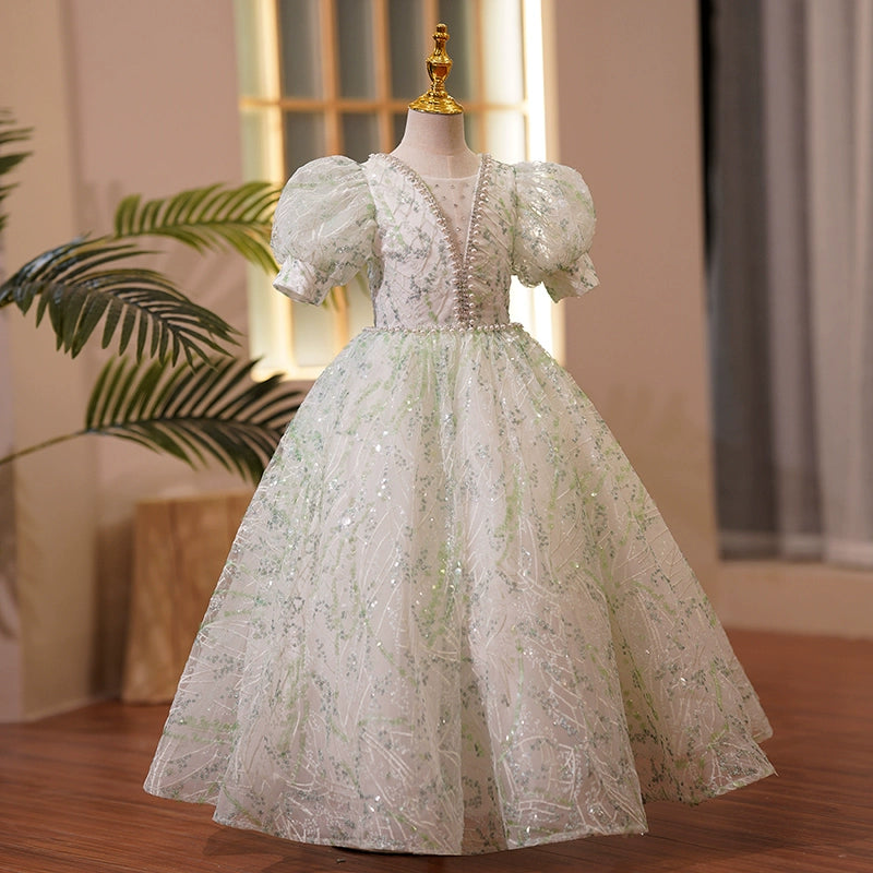 Princess Green Sequined Crossed Straps Baptism Beaded Floor Length Short Sleeve Puff Sleeve V-Neck Flower Girl Dress