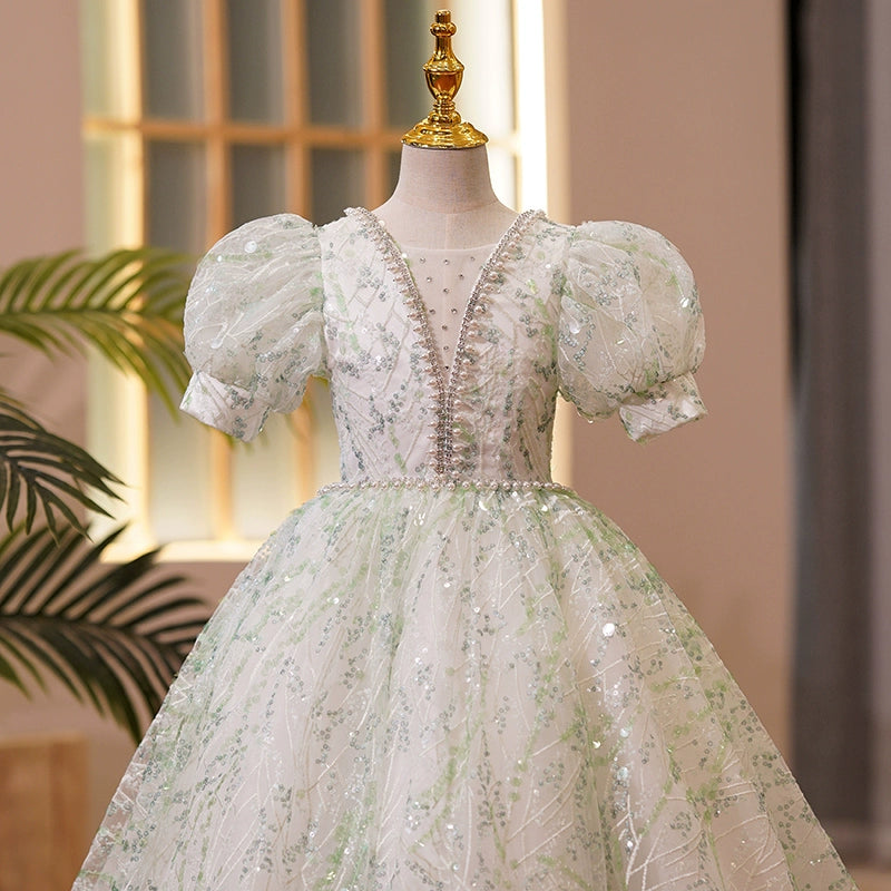 Princess Green Sequined Crossed Straps Baptism Beaded Floor Length Short Sleeve Puff Sleeve V-Neck Flower Girl Dress