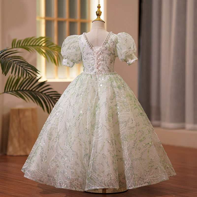 Princess Green Sequined Crossed Straps Baptism Beaded Floor Length Short Sleeve Puff Sleeve V-Neck Flower Girl Dress