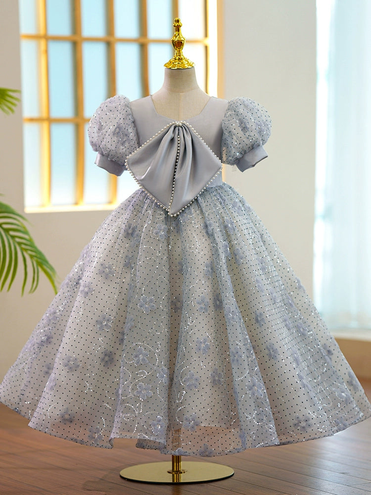 Princess Grey Sequined Back Zip Baptism Floor Length Short Sleeve Puff Sleeve V-Neck Flower Girl Dress