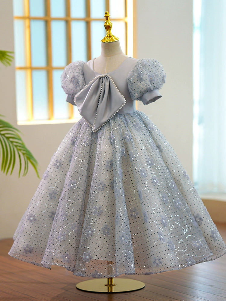 Princess Grey Sequined Back Zip Baptism Floor Length Short Sleeve Puff Sleeve V-Neck Flower Girl Dress
