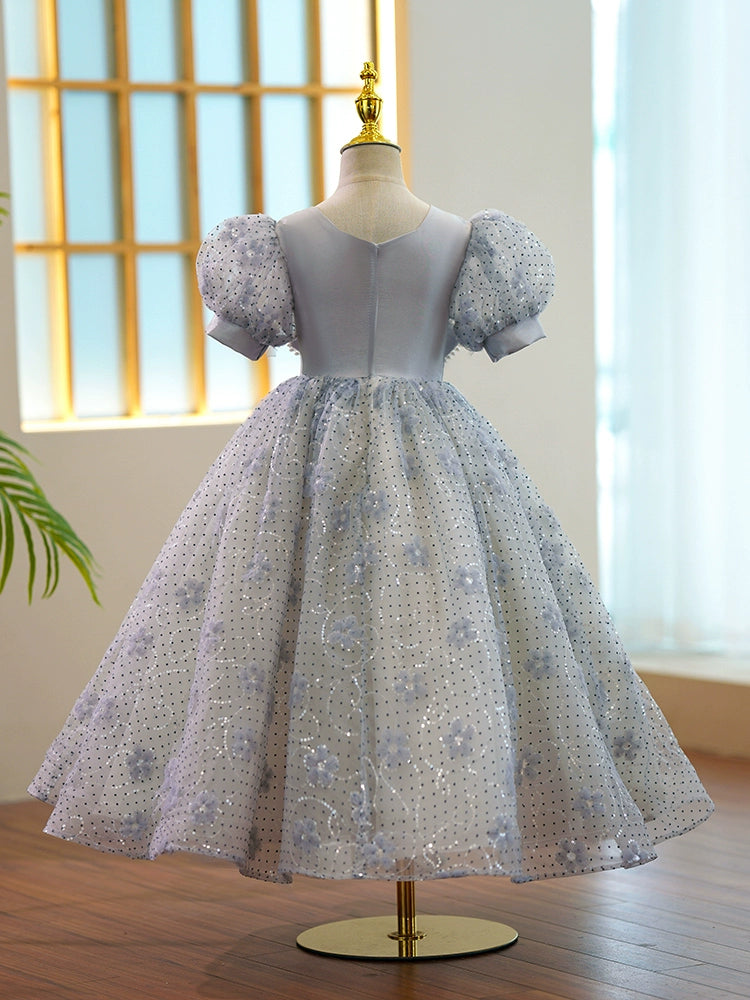 Princess Grey Sequined Back Zip Baptism Floor Length Short Sleeve Puff Sleeve V-Neck Flower Girl Dress
