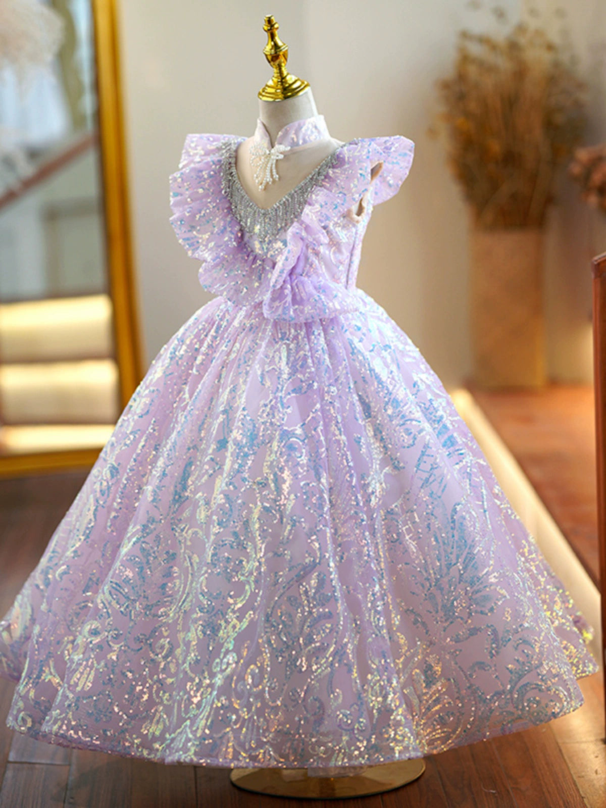 Princess Lilac Sequined Crossed Straps Baptism Beaded Floor Length Short Sleeve Cap Sleeve V-Neck Flower Girl Dress
