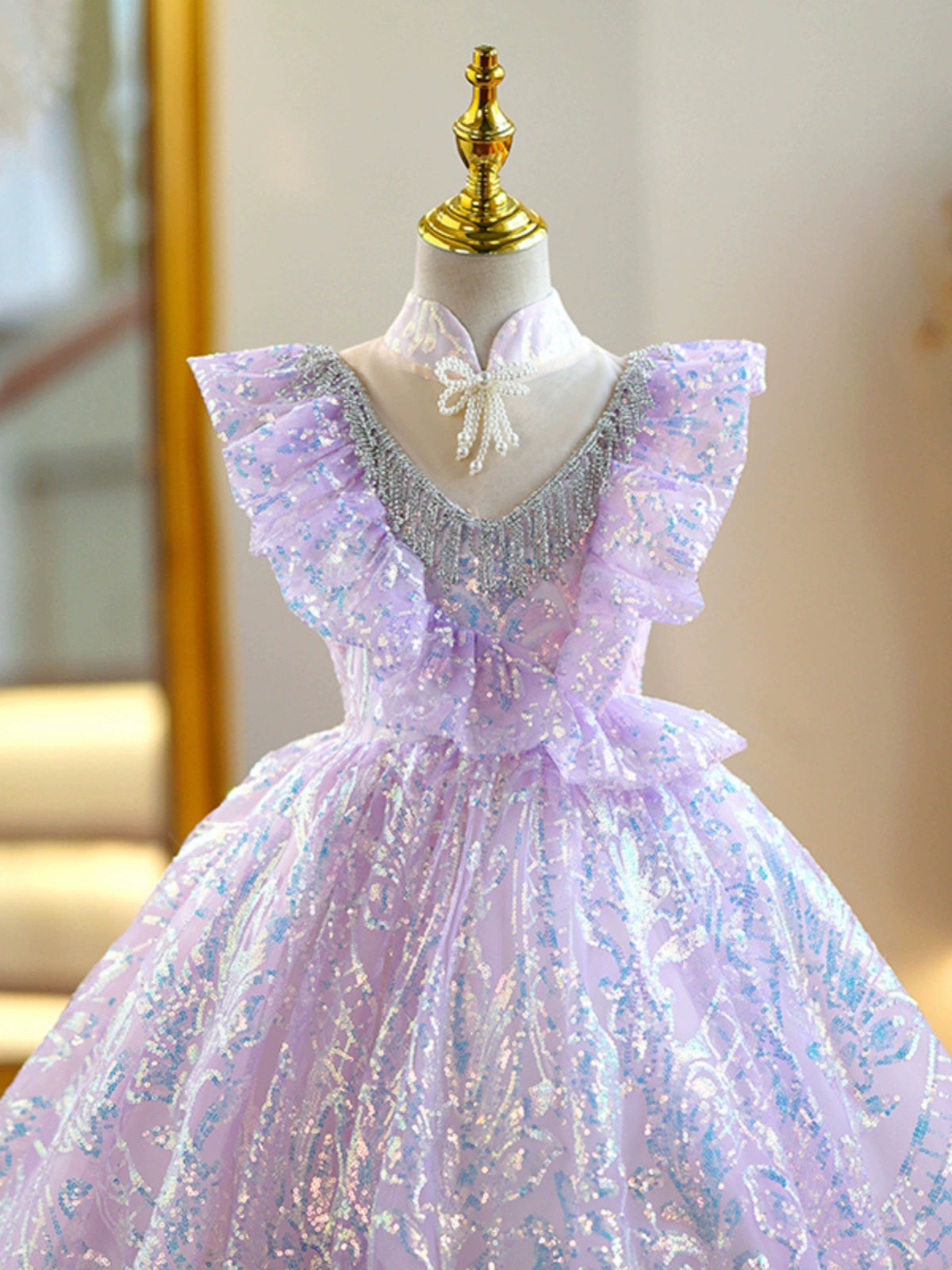 Princess Lilac Sequined Crossed Straps Baptism Beaded Floor Length Short Sleeve Cap Sleeve V-Neck Flower Girl Dress