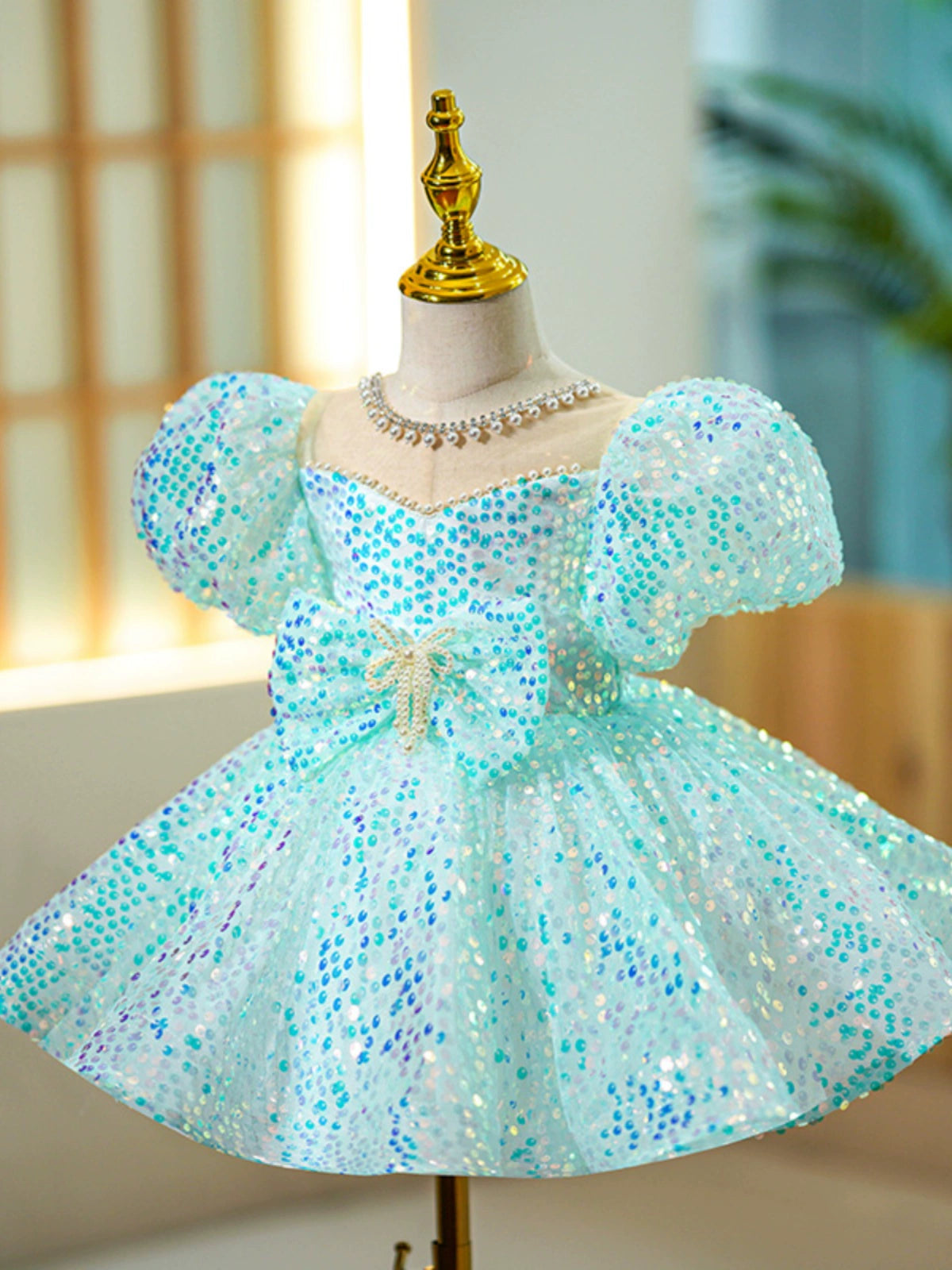 Princess Mint Green Sequined Back Zip Baptism Beaded Tea Length Short Sleeve Puff Sleeve Jewel Neck Flower Girl Dress