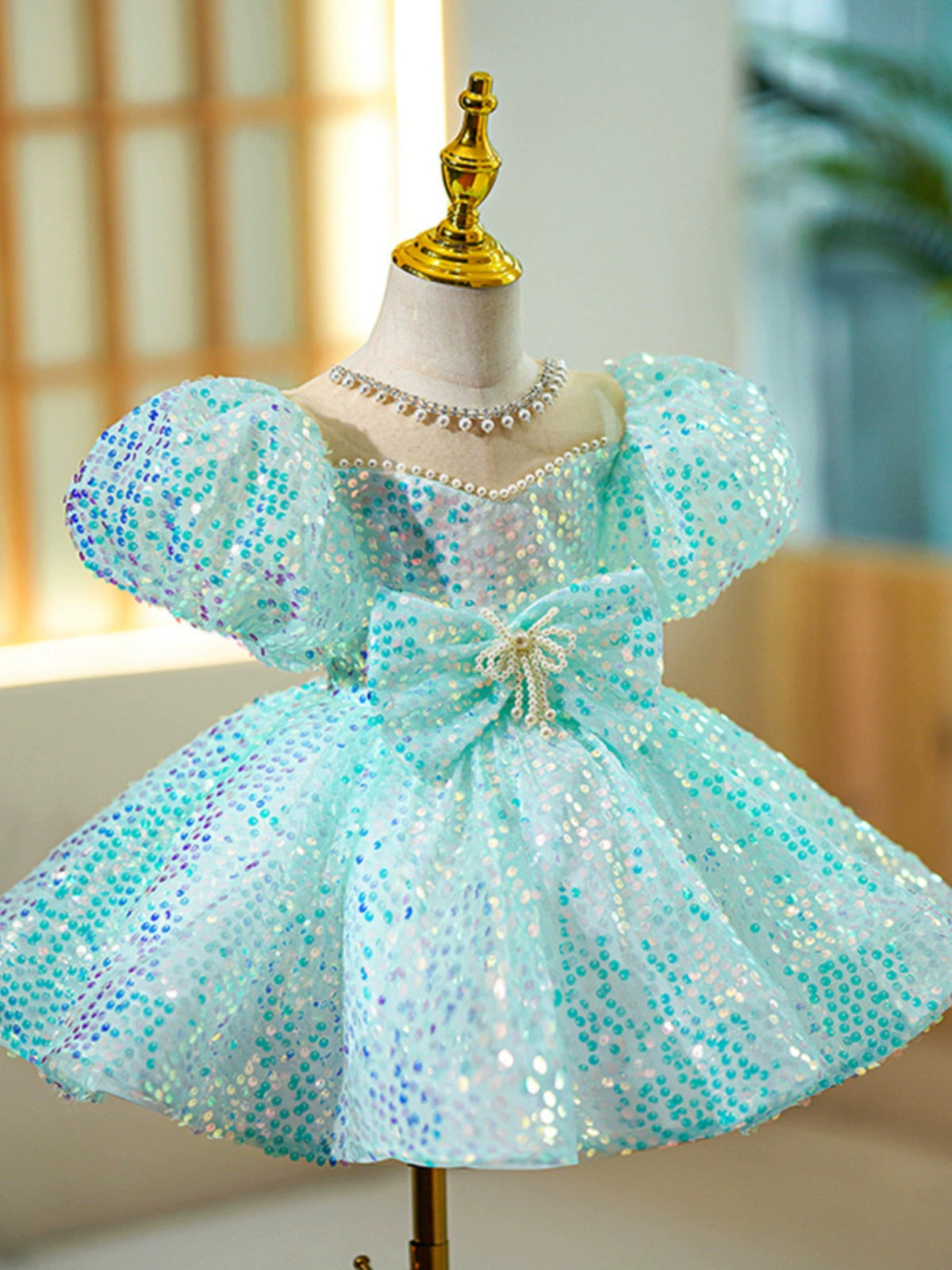 Princess Mint Green Sequined Back Zip Baptism Beaded Tea Length Short Sleeve Puff Sleeve Jewel Neck Flower Girl Dress