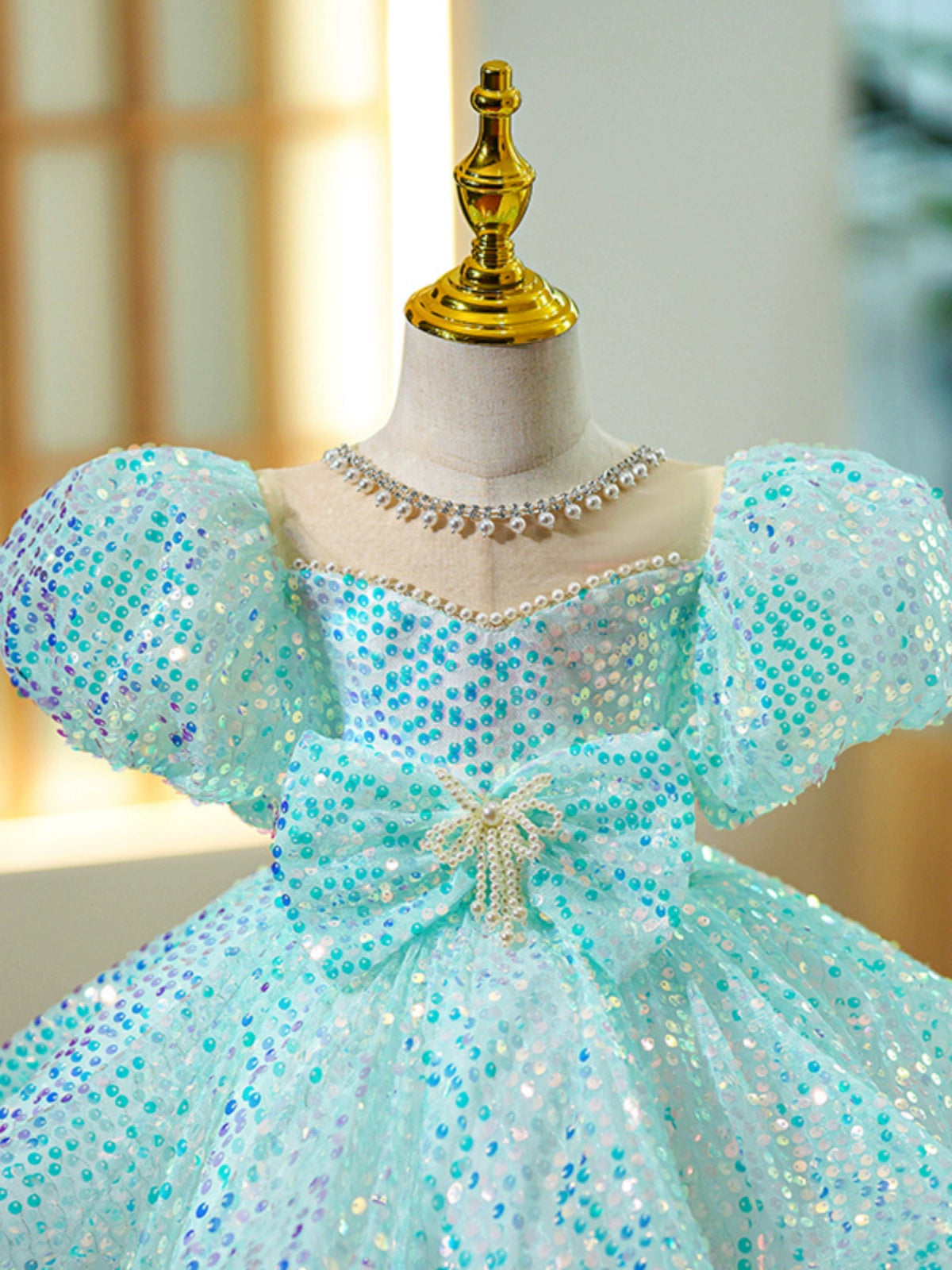 Princess Mint Green Sequined Back Zip Baptism Beaded Tea Length Short Sleeve Puff Sleeve Jewel Neck Flower Girl Dress