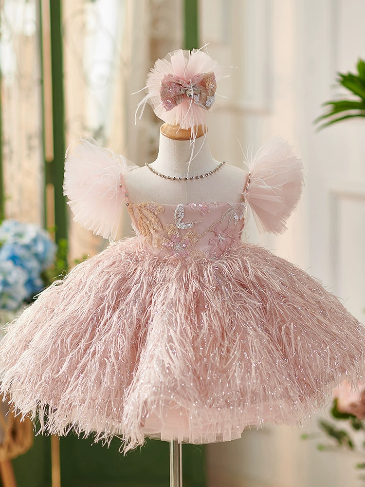 Princess Pink Lace Back Zip Baptism Lace Tea Length Short Sleeve Cap Sleeve Round Flower Girl Dress