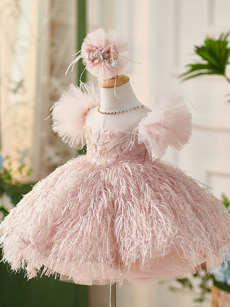 Princess Pink Lace Back Zip Baptism Lace Tea Length Short Sleeve Cap Sleeve Round Flower Girl Dress