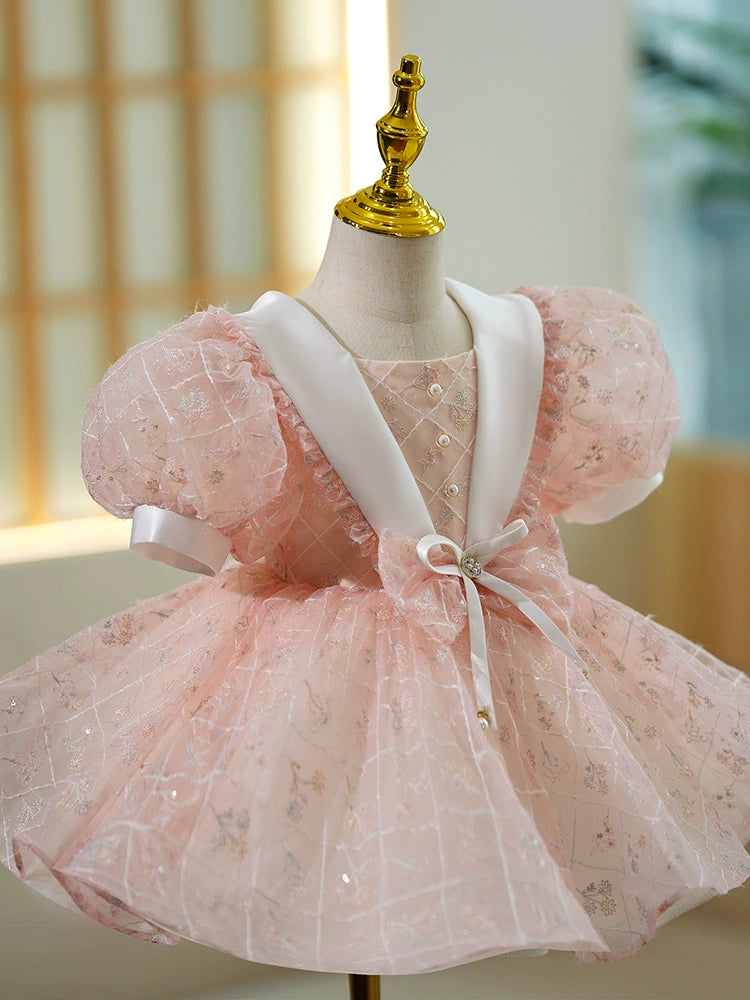 Princess Pink Lace Back Zip Baptism Lace Tea Length Short Sleeve Puff Sleeve Scoop Flower Girl Dress