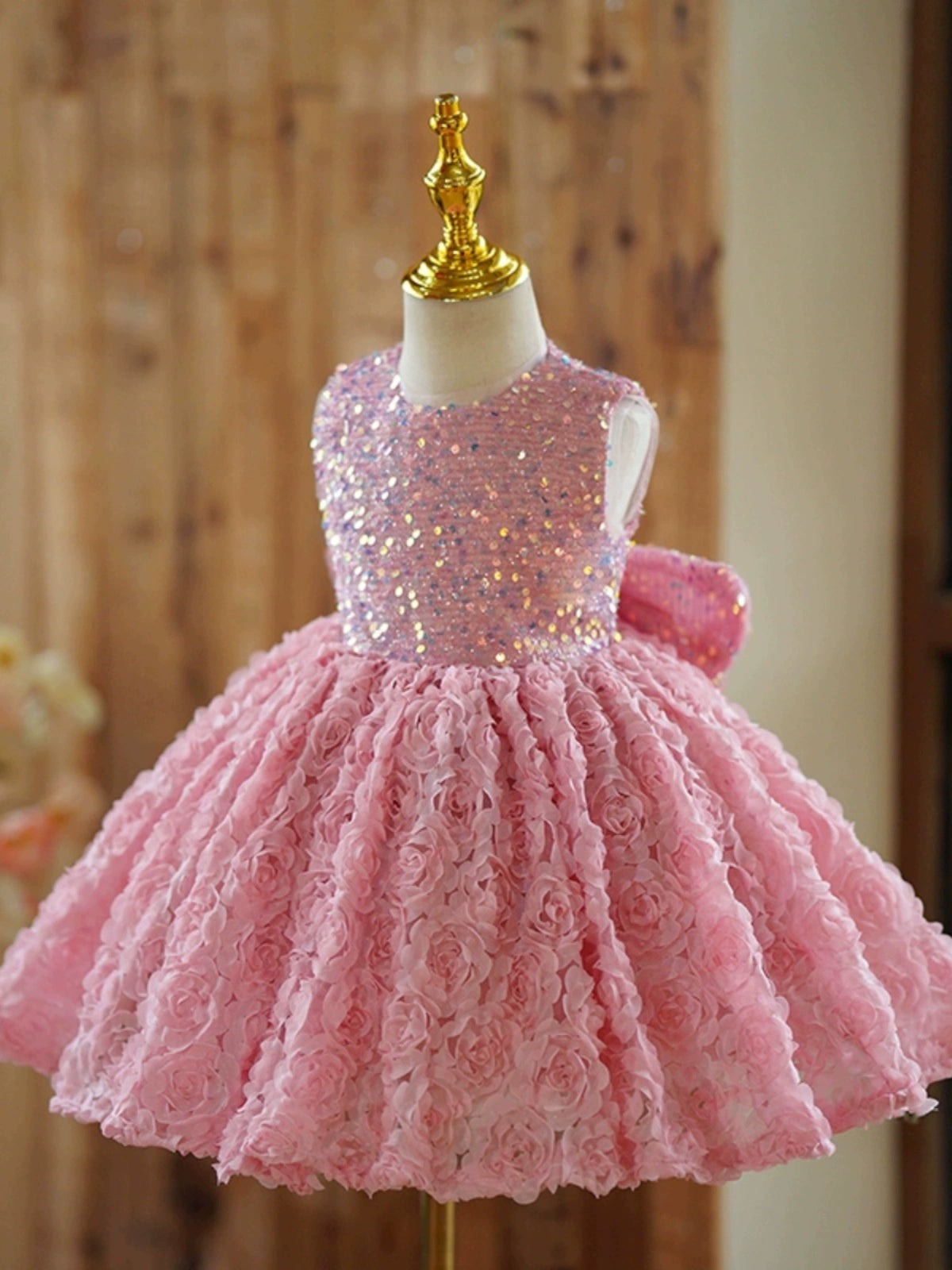 Princess Pink Lace Back Zip Baptism Lace Tea Length Sleeveless Round Flower Girl Dress