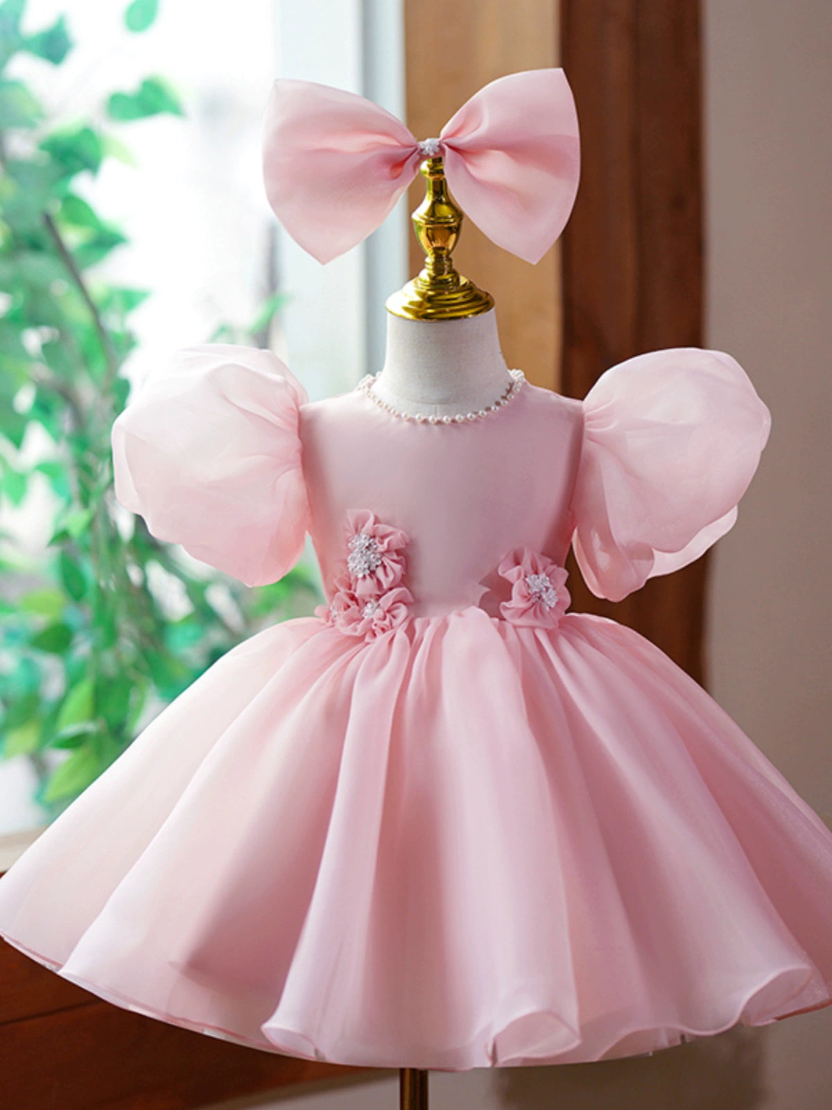 Princess Pink Organza Back Zip Baptism Flower(s) Tea Length Short Sleeve Puff Sleeve Jewel Neck Flower Girl Dress