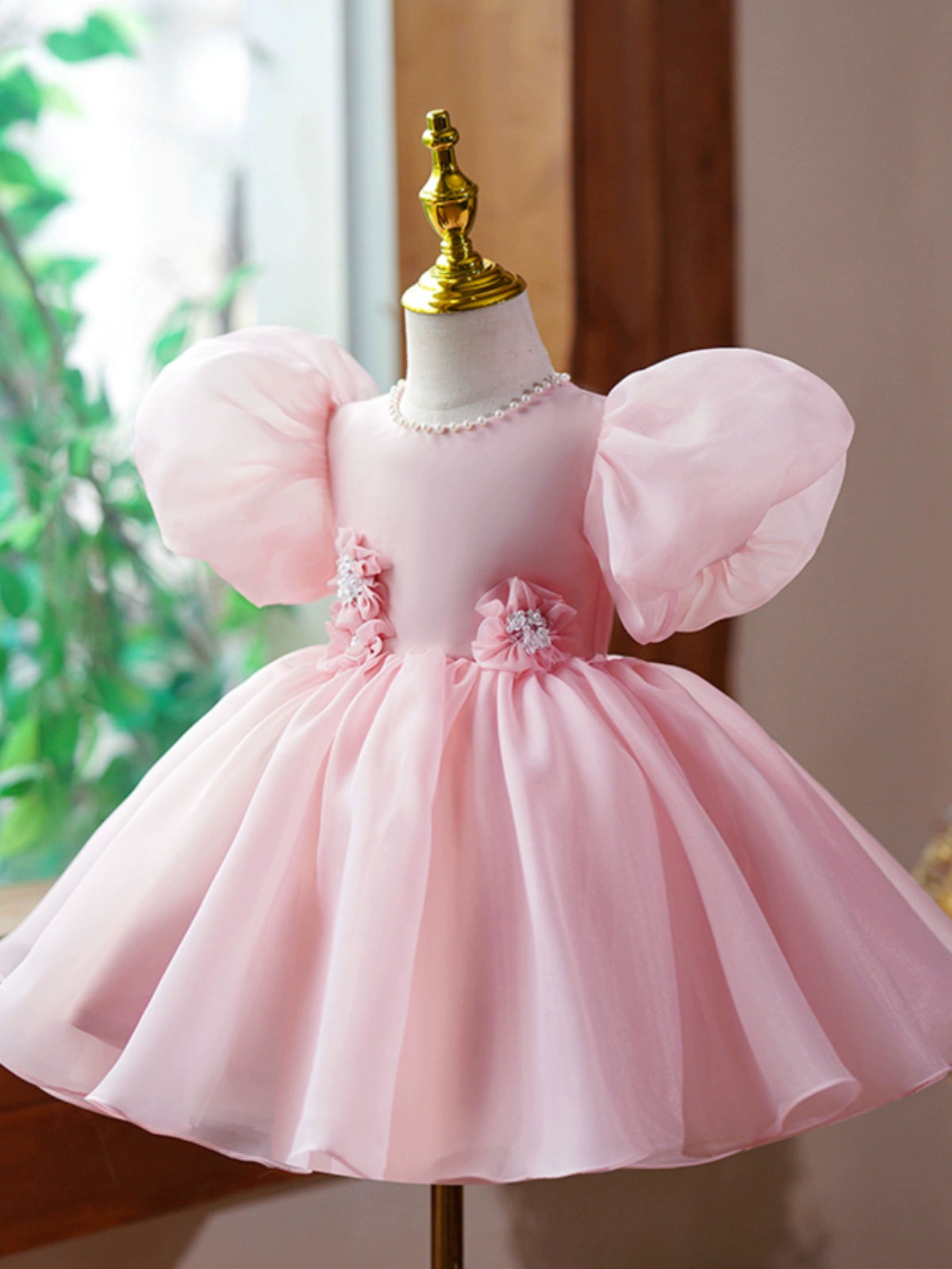 Princess Pink Organza Back Zip Baptism Flower(s) Tea Length Short Sleeve Puff Sleeve Jewel Neck Flower Girl Dress