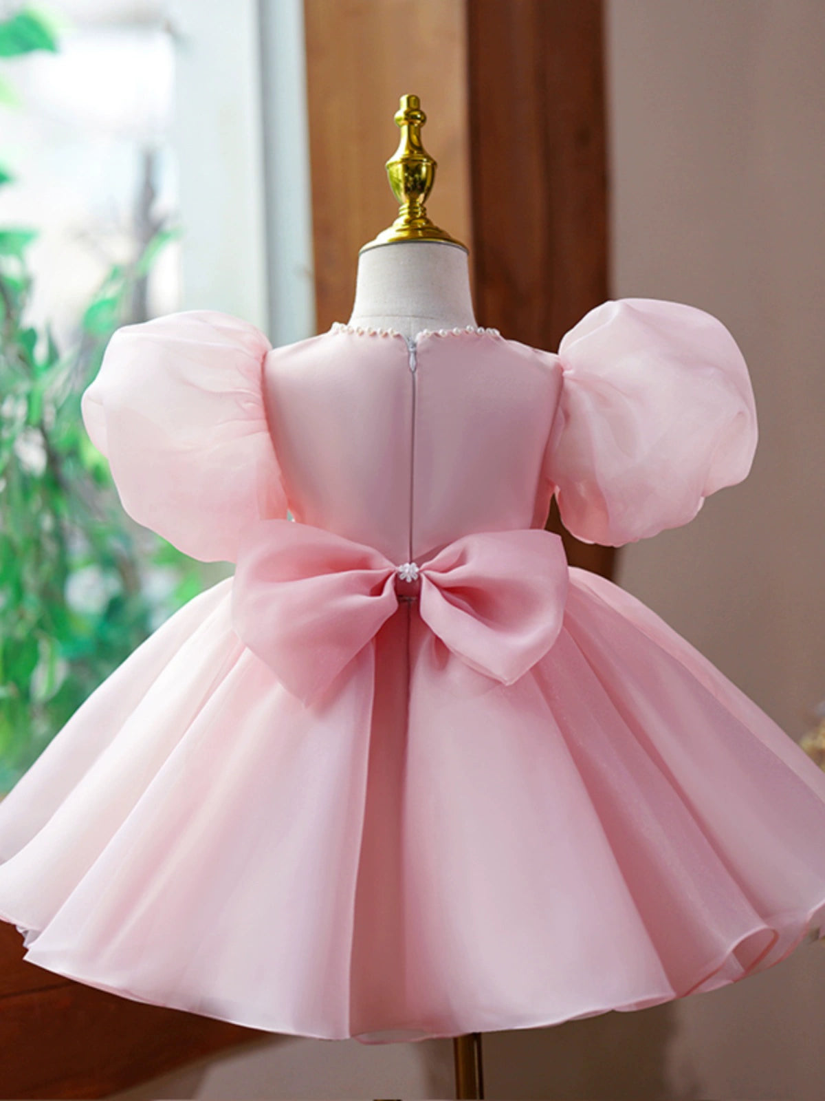 Princess Pink Organza Back Zip Baptism Flower(s) Tea Length Short Sleeve Puff Sleeve Jewel Neck Flower Girl Dress