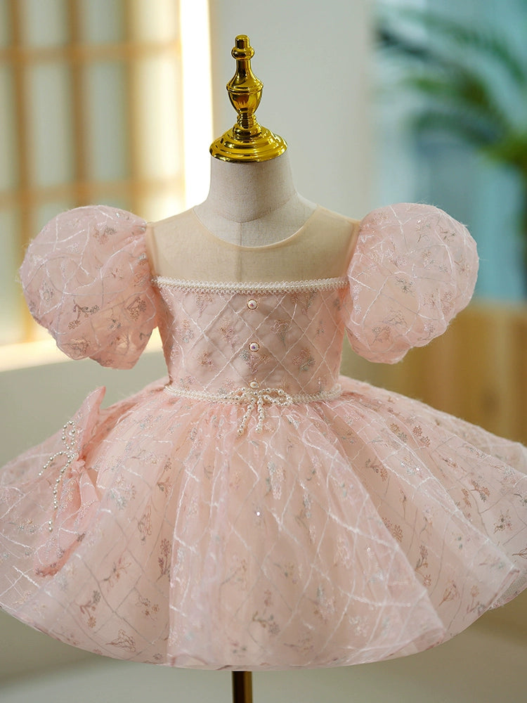 Princess Pink Organza Back Zip Baptism Flower(s) Tea Length Short Sleeve Puff Sleeve Round Flower Girl Dress