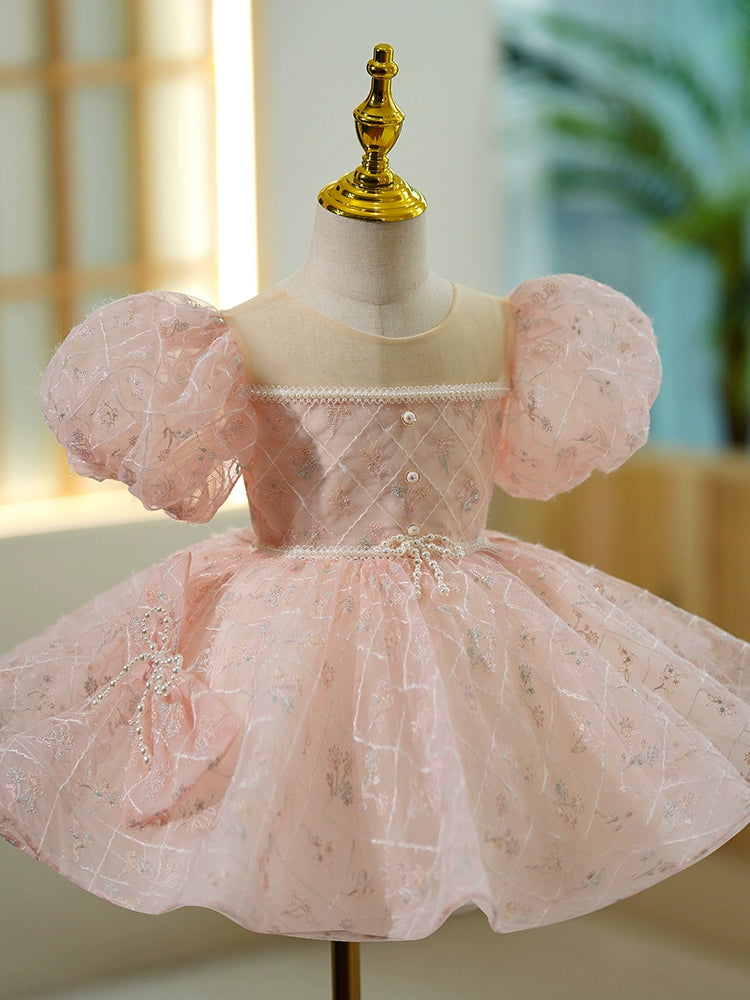 Princess Pink Organza Back Zip Baptism Flower(s) Tea Length Short Sleeve Puff Sleeve Round Flower Girl Dress