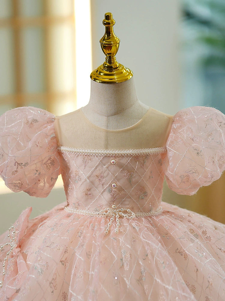 Princess Pink Organza Back Zip Baptism Flower(s) Tea Length Short Sleeve Puff Sleeve Round Flower Girl Dress