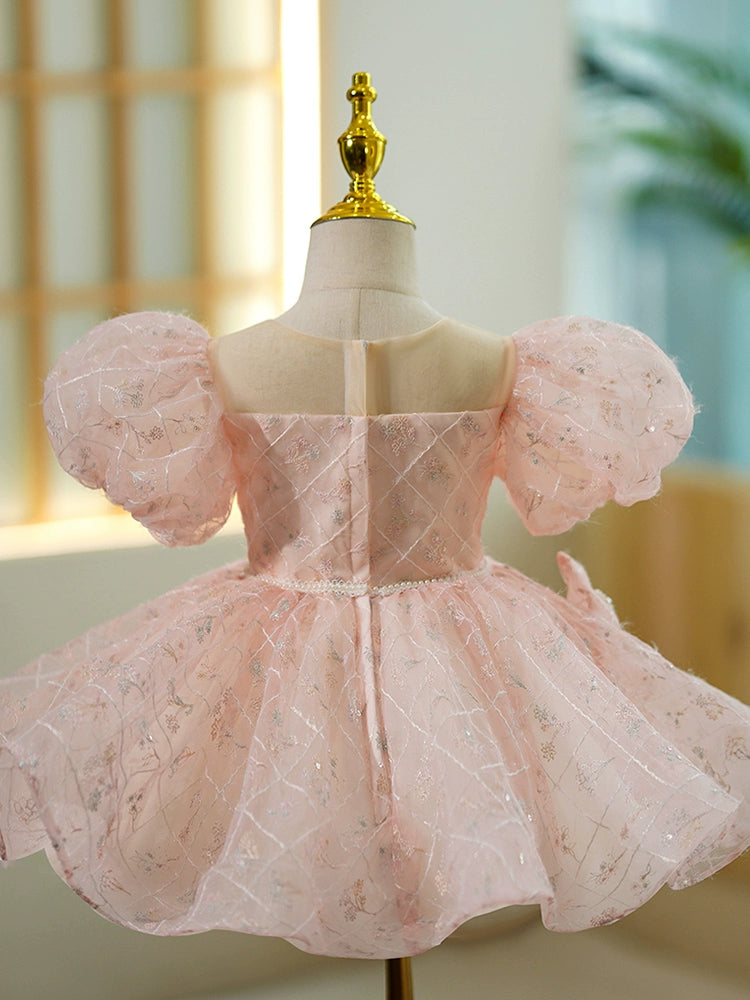 Princess Pink Organza Back Zip Baptism Flower(s) Tea Length Short Sleeve Puff Sleeve Round Flower Girl Dress