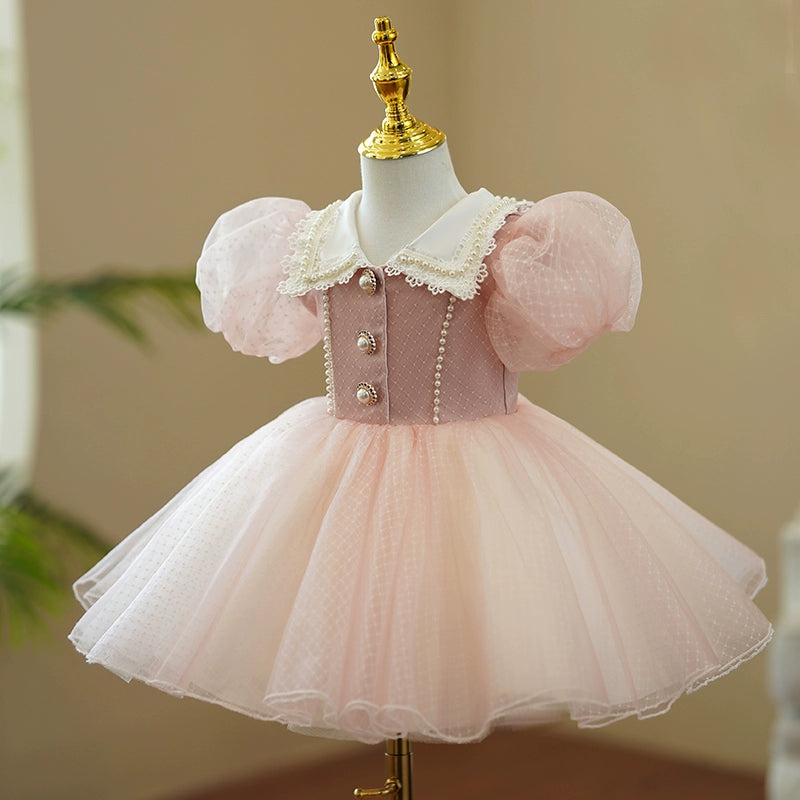 Princess Pink Organza Back Zip Baptism Lace Short Sleeve Puff Sleeve Collared Neck Flower Girl Dress