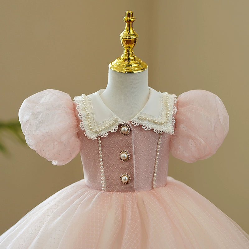 Princess Pink Organza Back Zip Baptism Lace Short Sleeve Puff Sleeve Collared Neck Flower Girl Dress