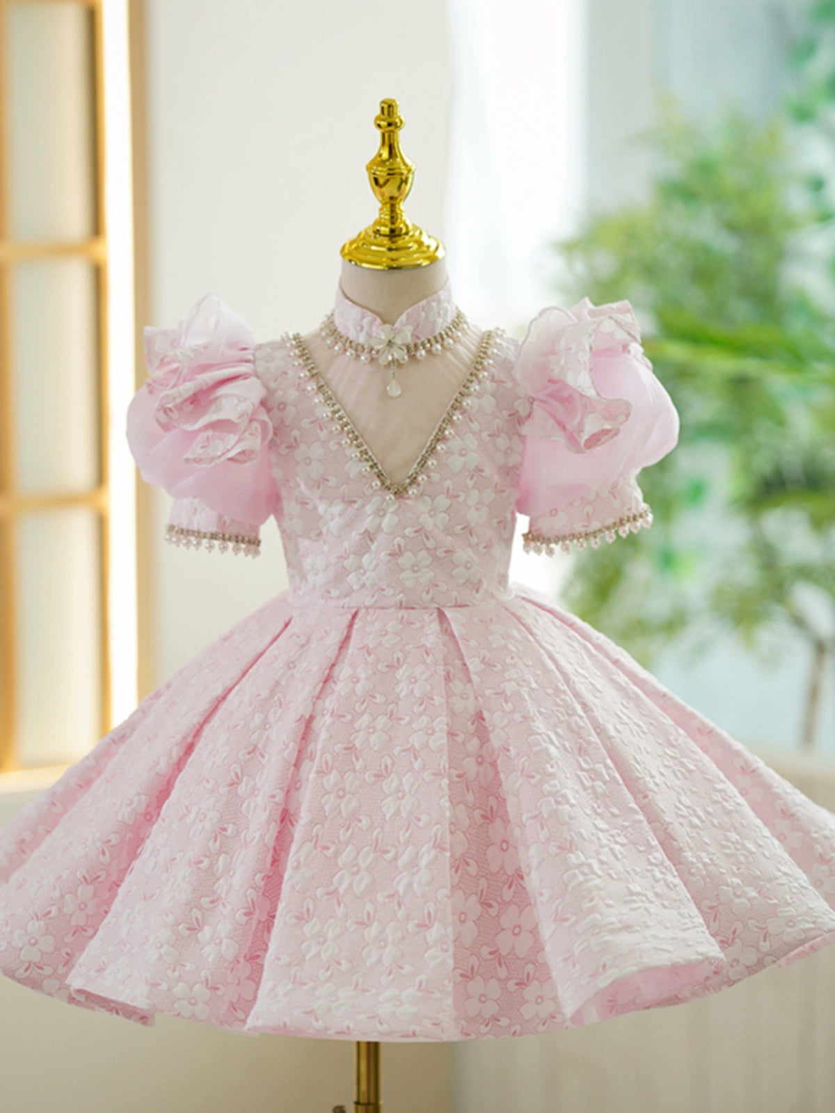 Princess Pink Satin Back Zip Baptism Beaded Tea Length Short Sleeve Puff Sleeve Mock Neck Flower Girl Dress