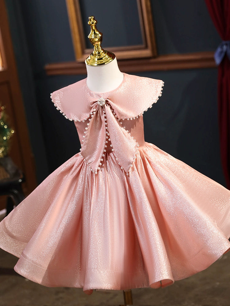 Princess Pink Satin Back Zip Baptism Beaded Tea Length Sleeveless Cap Sleeve Round Flower Girl Dress