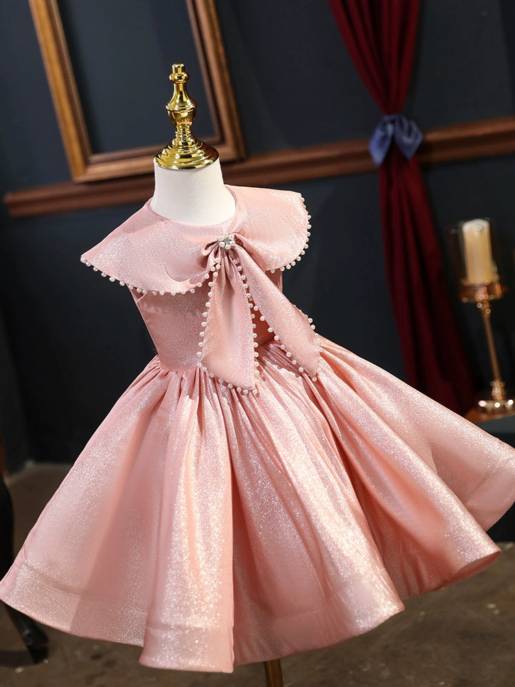 Princess Pink Satin Back Zip Baptism Beaded Tea Length Sleeveless Cap Sleeve Round Flower Girl Dress
