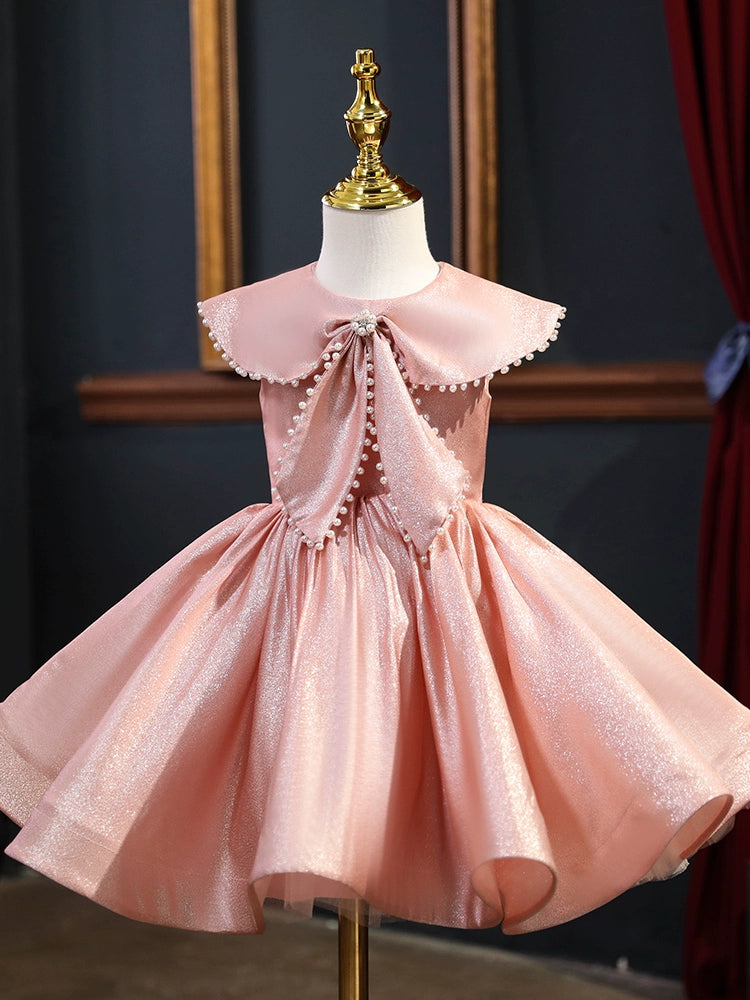 Princess Pink Satin Back Zip Baptism Beaded Tea Length Sleeveless Cap Sleeve Round Flower Girl Dress