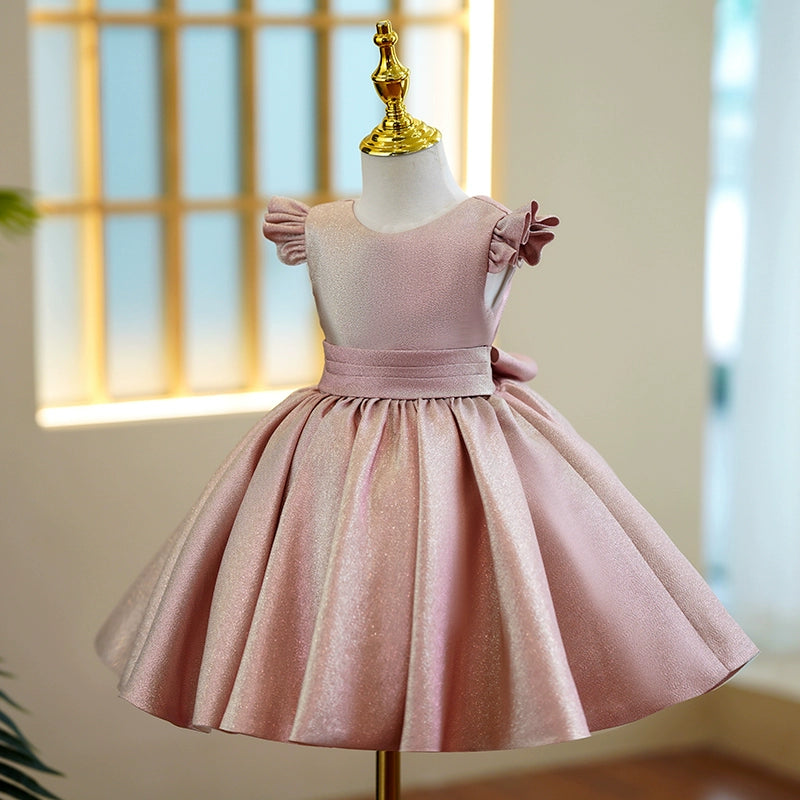 Princess Pink Satin Back Zip Baptism Bow(s) Tea Length Short Sleeve Cap Sleeve Round Flower Girl Dress