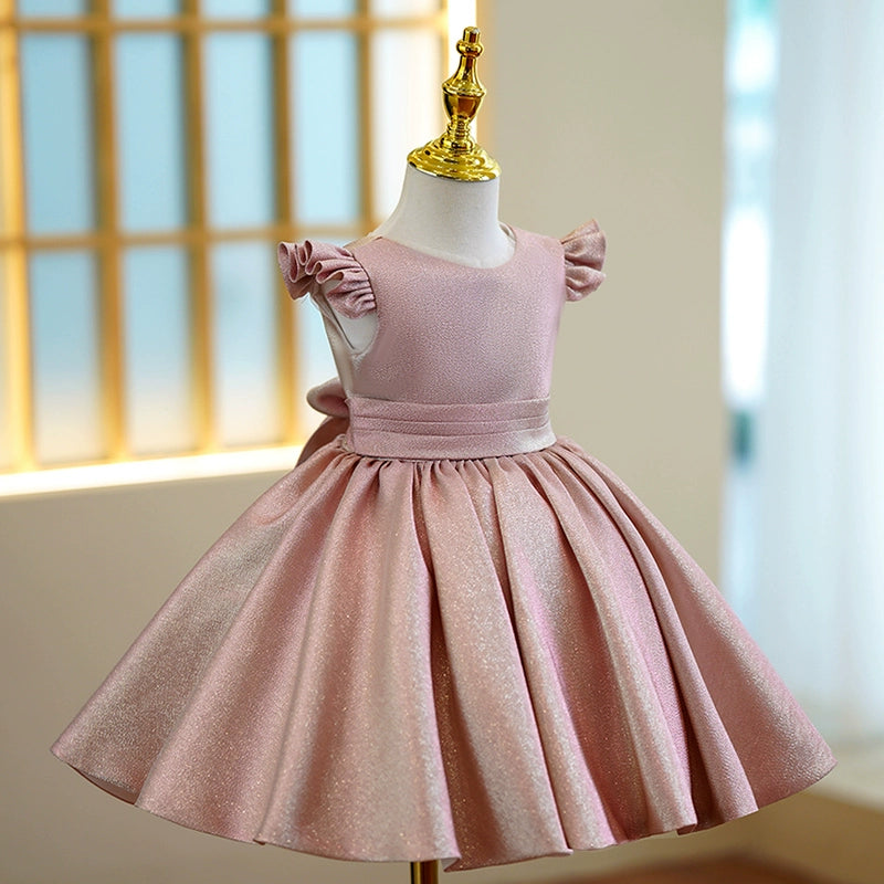 Princess Pink Satin Back Zip Baptism Bow(s) Tea Length Short Sleeve Cap Sleeve Round Flower Girl Dress
