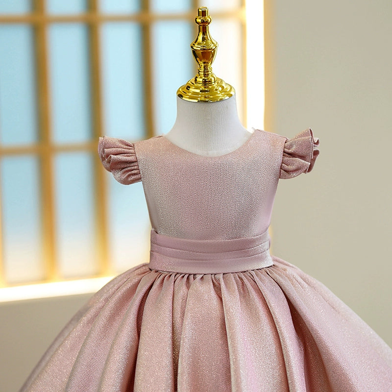 Princess Pink Satin Back Zip Baptism Bow(s) Tea Length Short Sleeve Cap Sleeve Round Flower Girl Dress