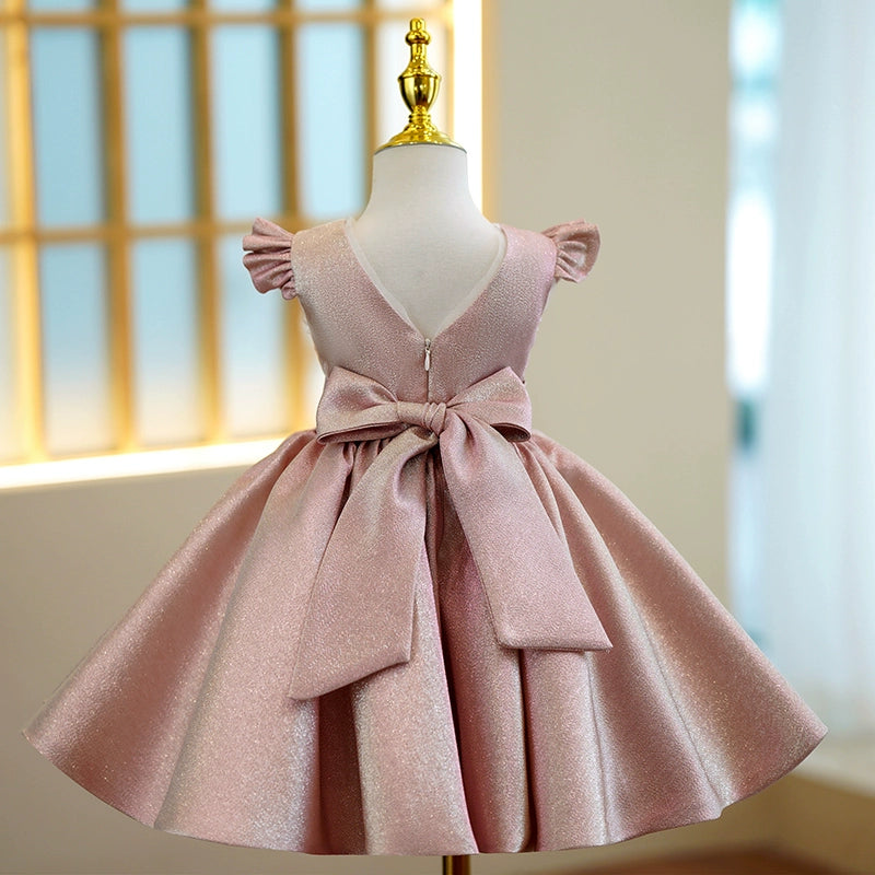 Princess Pink Satin Back Zip Baptism Bow(s) Tea Length Short Sleeve Cap Sleeve Round Flower Girl Dress
