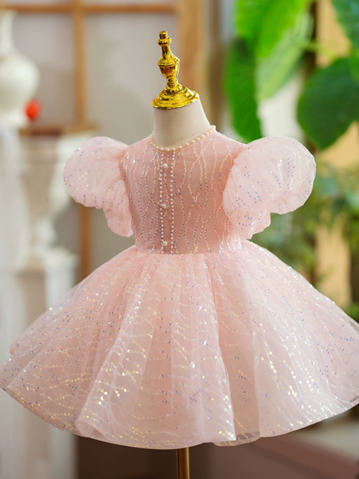 Princess Pink Sequined Back Zip Baptism Beaded Tea Length Short Sleeve Puff Sleeve Jewel Neck Flower Girl Dress
