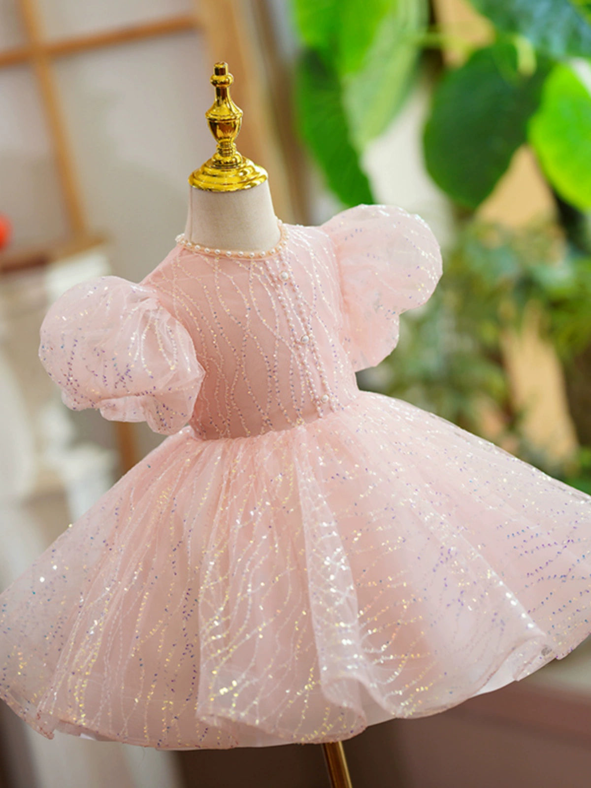 Princess Pink Sequined Back Zip Baptism Beaded Tea Length Short Sleeve Puff Sleeve Jewel Neck Flower Girl Dress