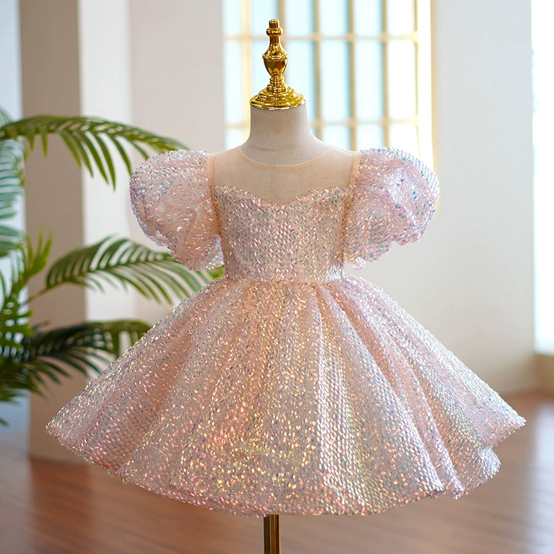 Princess Pink Sequined Back Zip Baptism Sequin Tea Length Short Sleeve Lantern Sleeve Round Flower Girl Dress