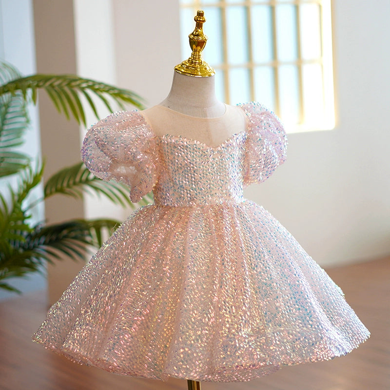 Princess Pink Sequined Back Zip Baptism Sequin Tea Length Short Sleeve Lantern Sleeve Round Flower Girl Dress