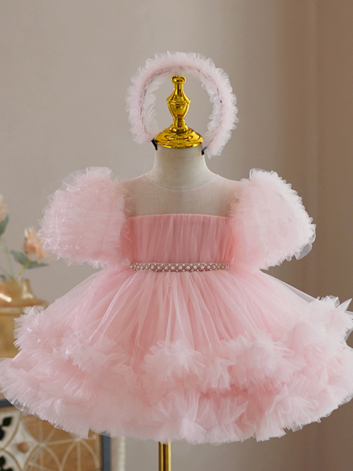 Princess Pink Tulle Back Zip Baptism Beaded Tea Length Short Sleeve Cold Shoulder Sleeve Round Flower Girl Dress