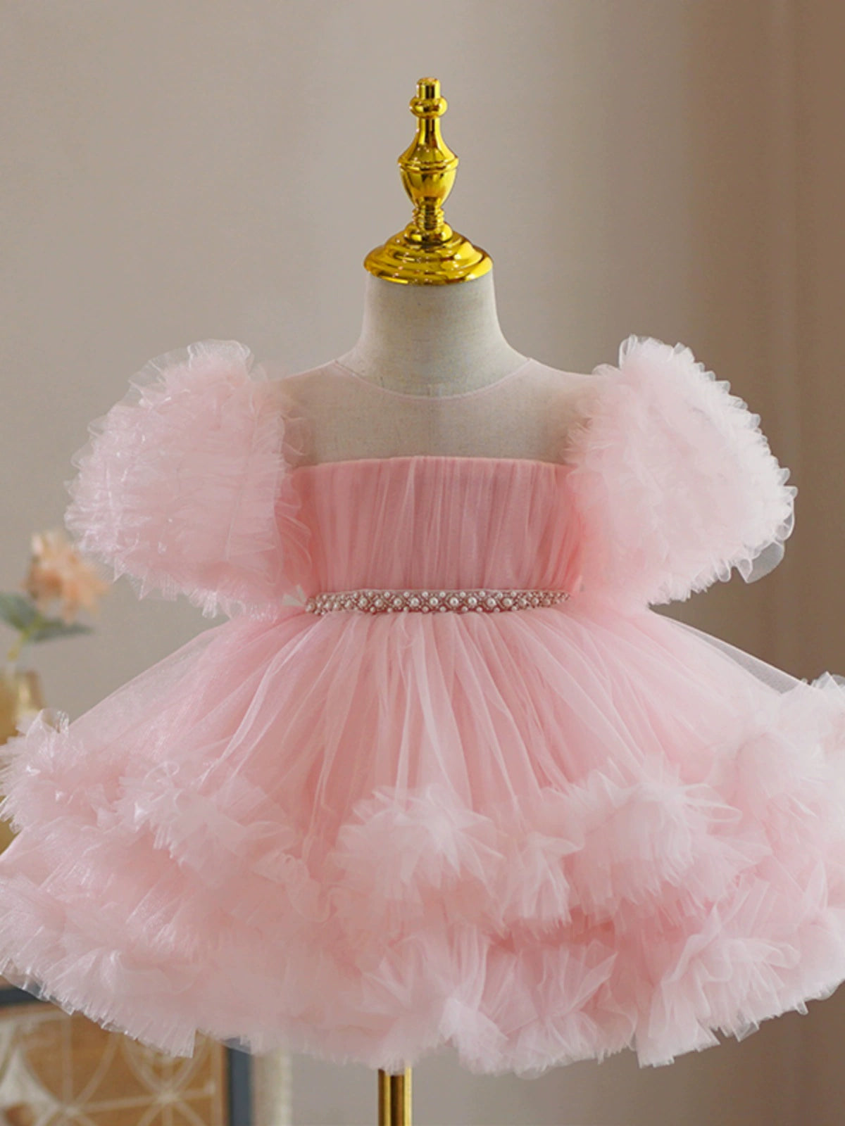 Princess Pink Tulle Back Zip Baptism Beaded Tea Length Short Sleeve Cold Shoulder Sleeve Round Flower Girl Dress