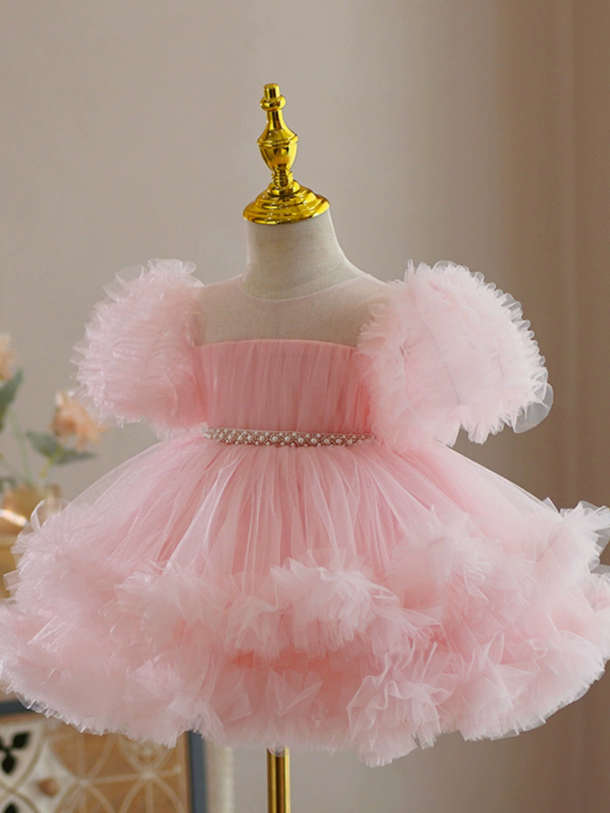 Princess Pink Tulle Back Zip Baptism Beaded Tea Length Short Sleeve Cold Shoulder Sleeve Round Flower Girl Dress